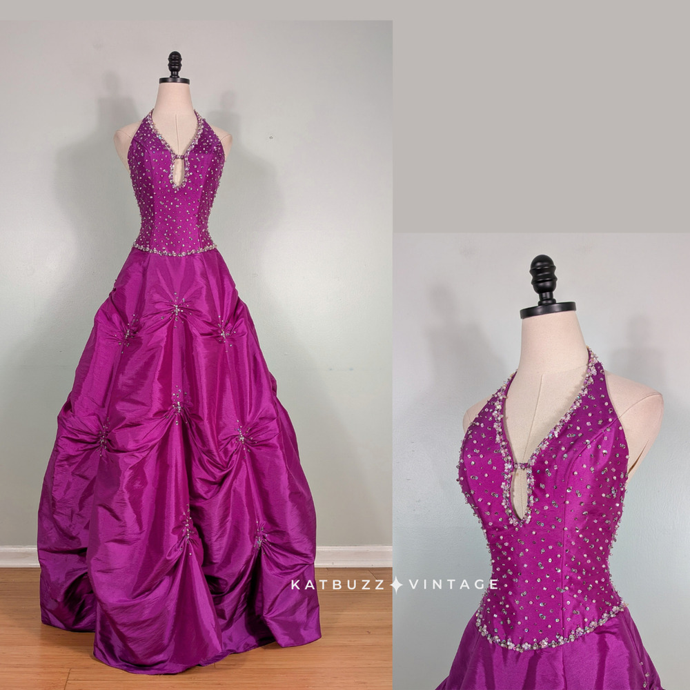 Y2K Mori Lee Prom Dress Maxi Ball Gown 4 Purple Princess Pleat Bead Glam Fuchsia